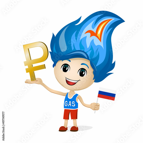 Gas Cartoon Character with ruble and flag of RUSSIA. Vector illustration