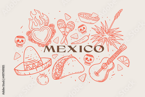 Large set of traditional Mexican symbols in linear style. Hand drawn agave, heart, sombrero, maracas, taco flatbread, skull, guitar, guacamole sauce, jalapeno pepper. Vector illustration.