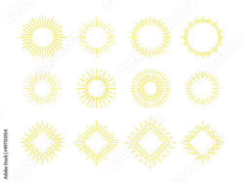 set of explosive gold sunrise doodle rays, sunburst, isolated fireworks for logo, emblem, tag, stamp, banner, vintage hand draw elements
