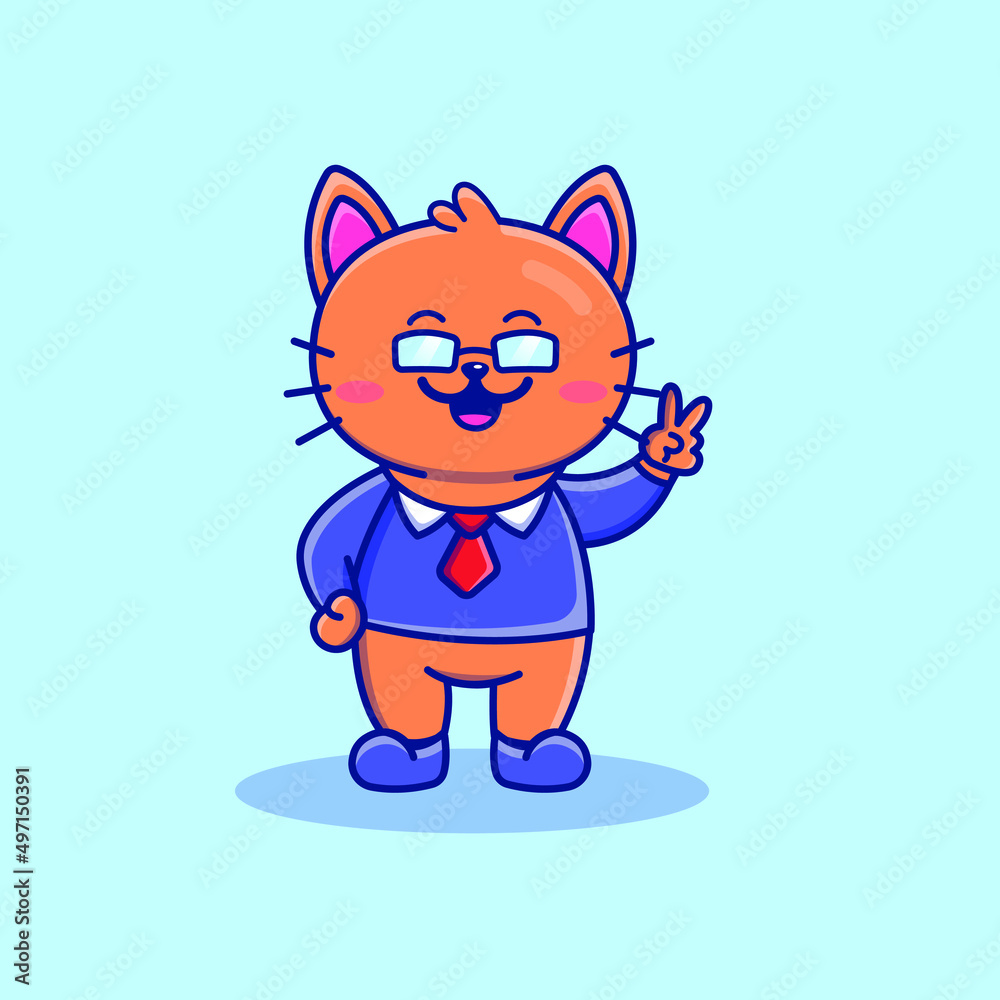 Cute cartoon cat with glasses and suit in vector illustration. Animal isolated vector. Flat cartoon style