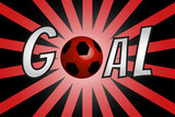 Animated text celebrating a goal in red color, with a ball, banner and sale promotion poster