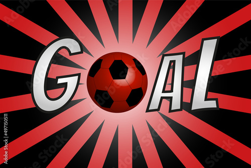 Animated text celebrating a goal in red color, with a ball, banner and sale promotion poster 