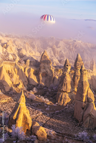 Hot air ballons flying over Cappadocia National Park Goreme Turkey