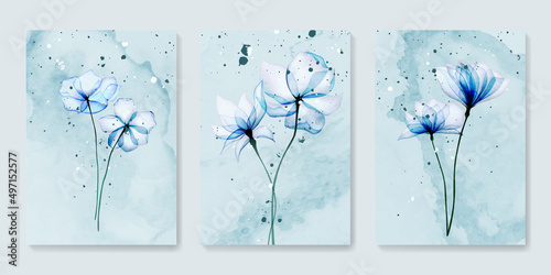 Watercolor art background with blue flowers. A set of posters with flower bouquets for the design of invitations, prints, wallpapers, decor, packaging