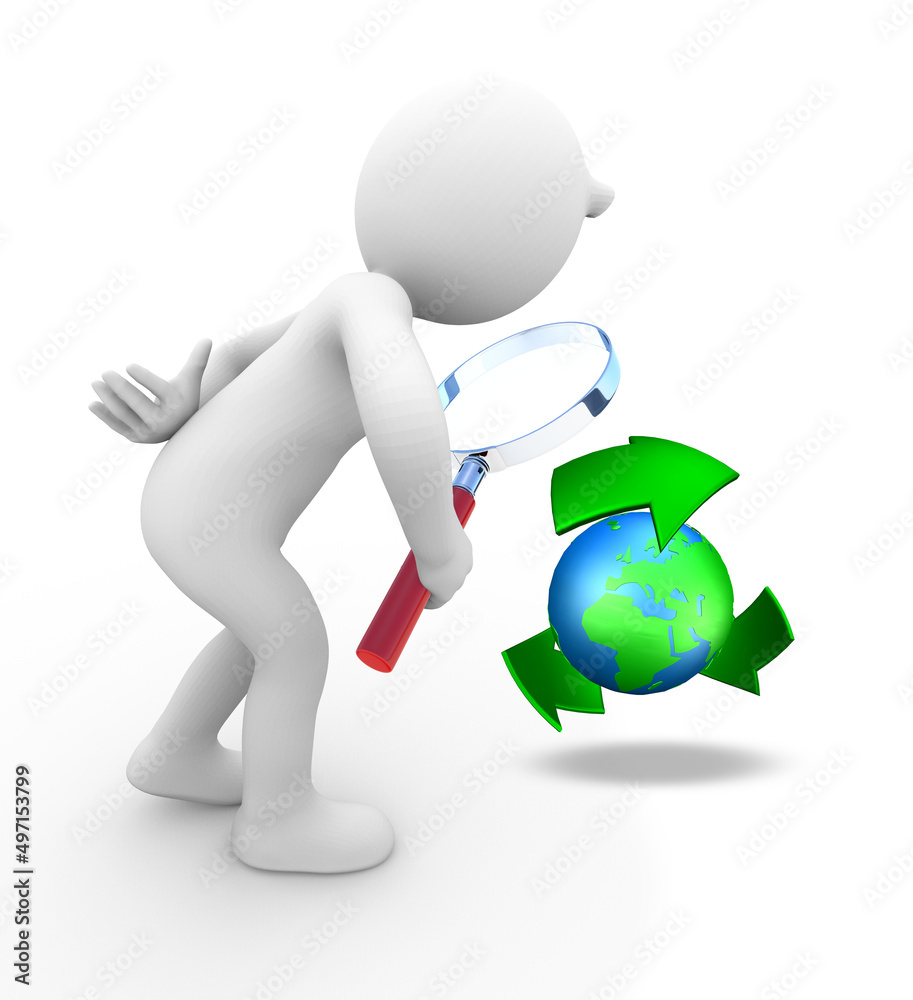 3D illustration of a white character holding a magnifying glass and analyzing a globe 3D illustration of a white character holding a magnifying glass and analyzing a globe