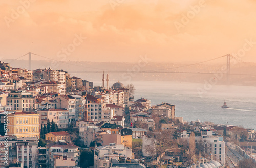 Residential buildings in Istanbul. Urban sprawl. Aerial view of Istanbul City in Turkey. Lodging on the shore of the Golden Horn Bay