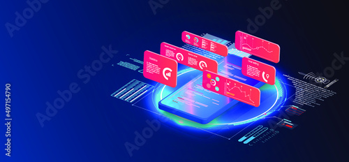 Software development for different devices. Application test and IT service concept. Process of optimization, debugging program or code for laptop. Banner, program code on screen device