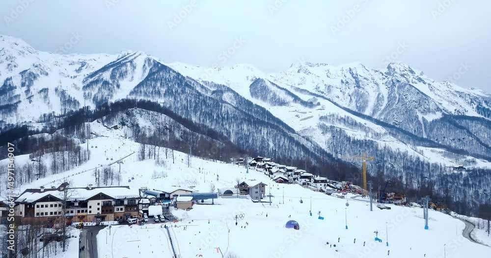 23 February 2022 Olympic village, Adler, Rosa Khutor, Sochi ski and snowboarding resort In Russian mountains, Caucassian peaks