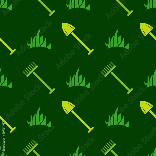 Grass mowing seamless surface pattern, garden lawn care tools endless linear background template, shovel, grass patch, rake line icons repetitive vector illustration design, repeat doodle wallpaper