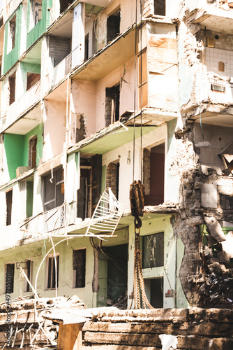 residential apartments demolished. Building in ruins