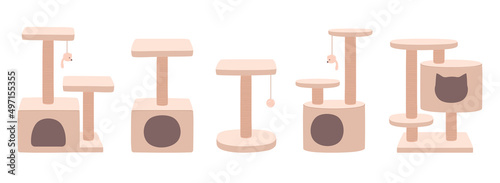 Cat towers and scratching posts. Luxury animal houses beige color. Cat tree with home. Furniture set for kittens. Flat vector illustrations isolated on white background.