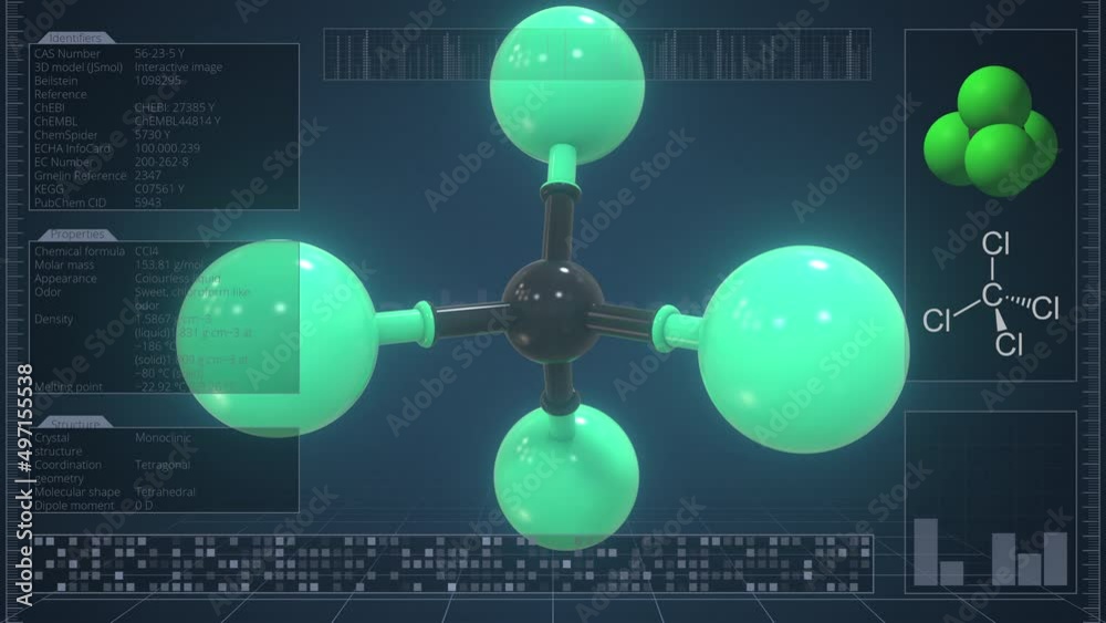 Tetrachloromethane molecule with description on the computer screen, loopable 3d animation