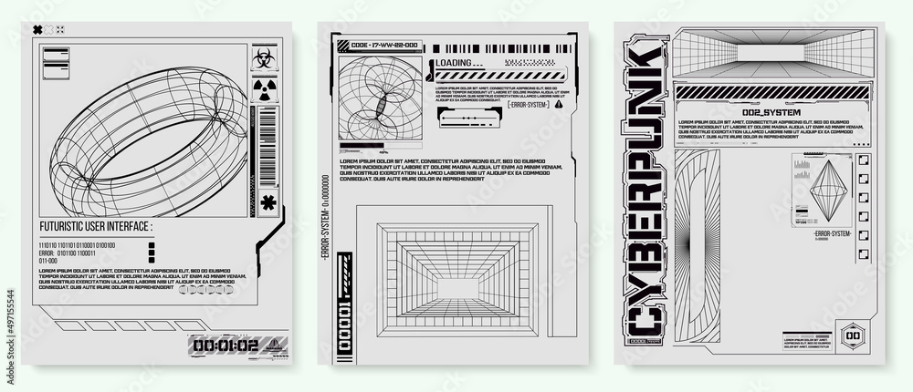 Collection of modern abstract posters. In acid style. Retro futuristic design elements, perspective grid, tunnel, circle. Black and white retro cyberpunk style. Futuristic info boxes layout templates. - obrazy, fototapety, plakaty 