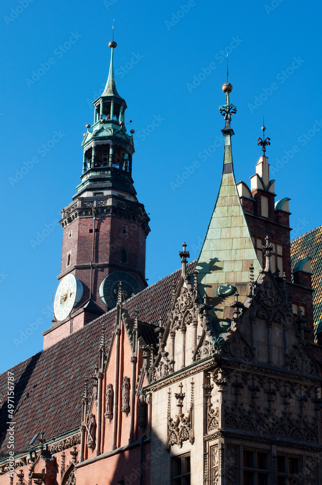 Clock on the Town Hall on the Market Square in Wroclaw. Historical and tourist attractions in Poland
