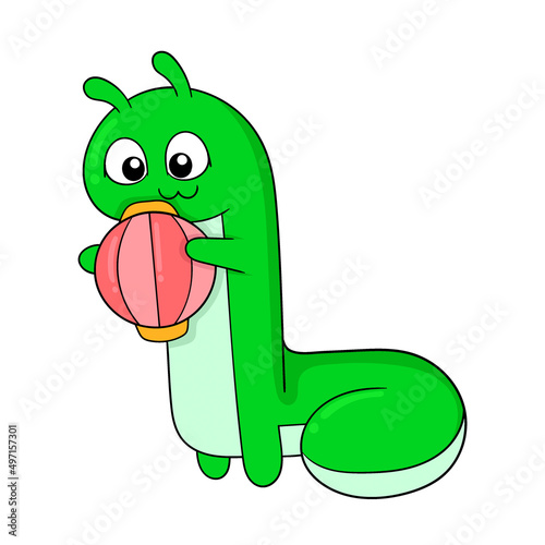 cute green caterpillar holding a playing ball, doodle icon image kawaii