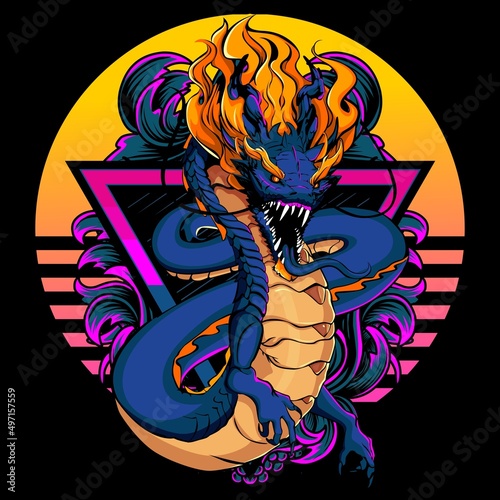 vector illustration of blue dragon with ornament in retro style