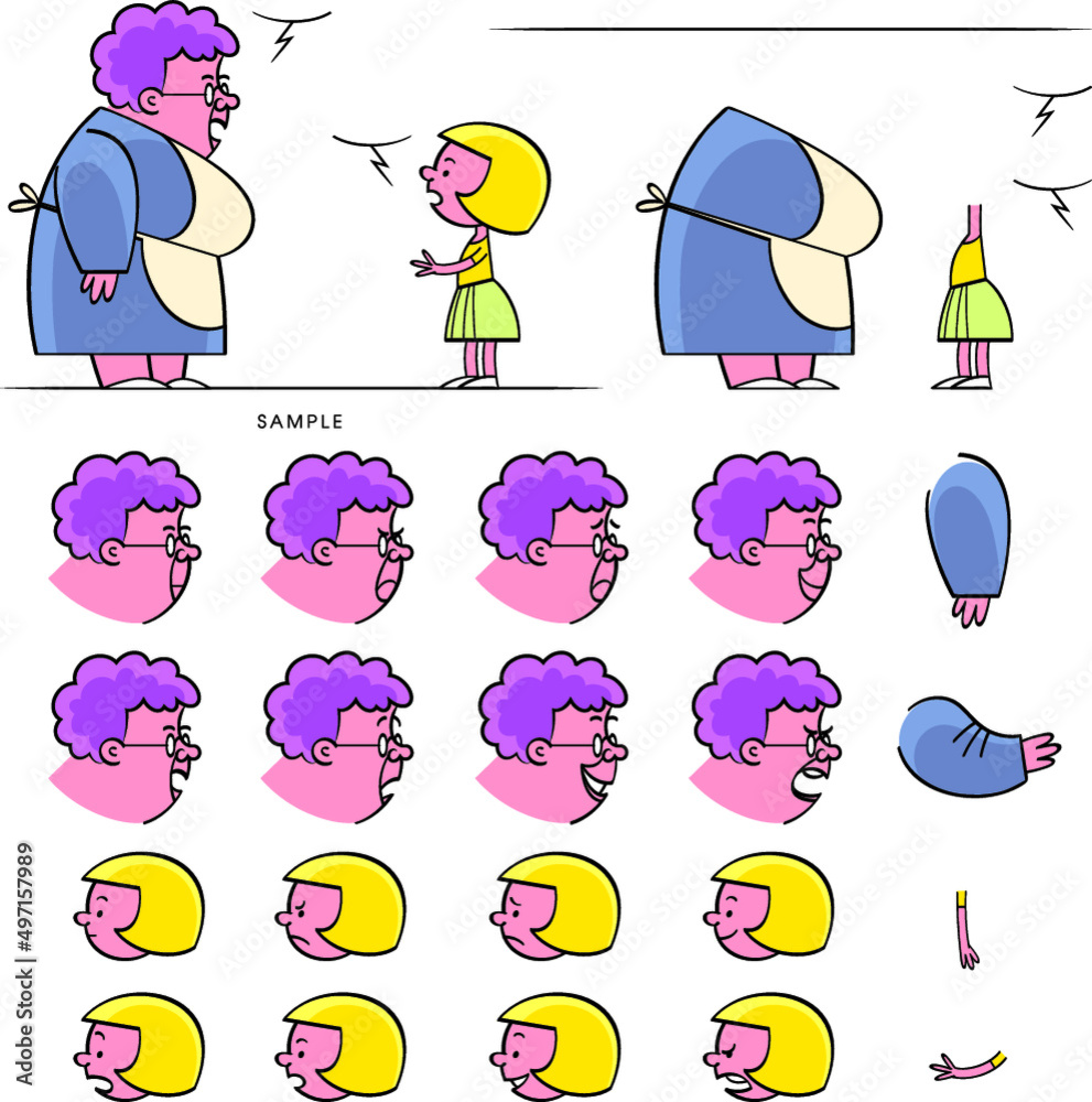 Fototapeta premium Grandmother and granddaughter - conversation. The characters talk to each other, the set includes bodies, hands, heads with different facial expressions, from which you can compose any situation