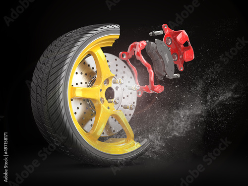 Wheel structure. Car wheel with brake isolated on a dark background. 3d illustration
