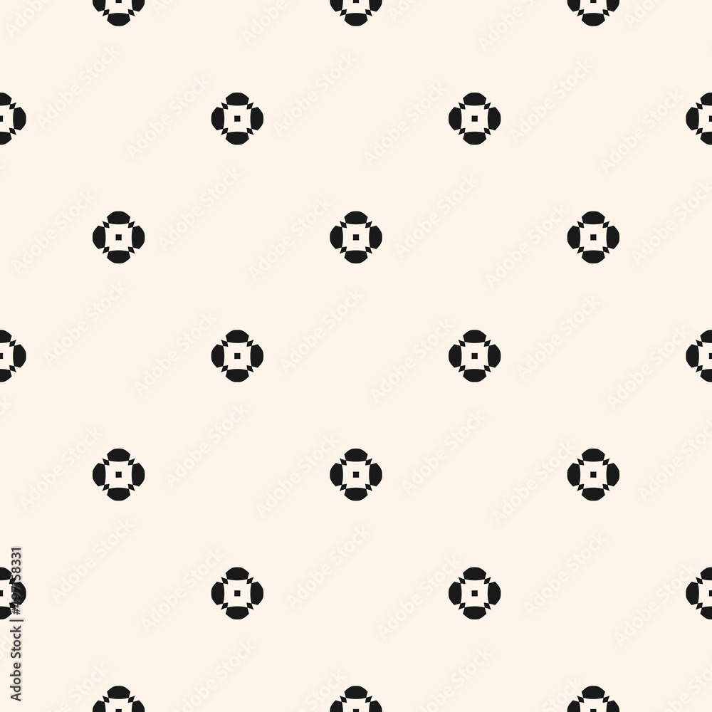 Simple floral pattern. Vector minimalist seamless texture with small flower shapes. Abstract minimal geometric monochrome background. Black and white repeat design for textile, decor, fabric, prints Simple floral pattern. Vector minimalist seamless texture with small flower shapes. Abstract minimal geometric monochrome background. Black and white repeat design for textile, decor, fabric, prints