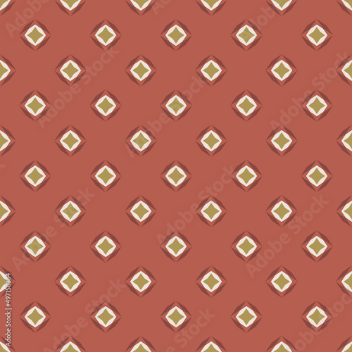 Abstract vector seamless pattern with diamond shapes, stars, rhombuses, crystals. Elegant geometric texture in red, brown and gold color. Simple modern ornament background. Luxury repeat geo design