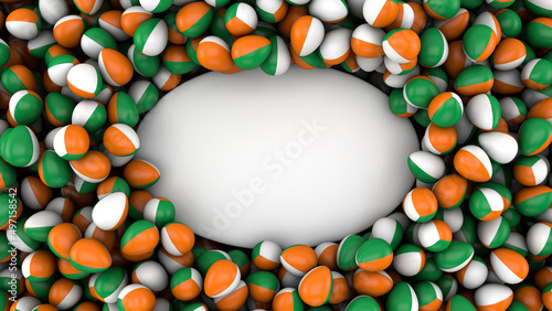 Mockup of eggs with Irish flag background with blank copy space to insert text. Scene template for advertising and presentation, 3D illustration
 (ID: 497158542)