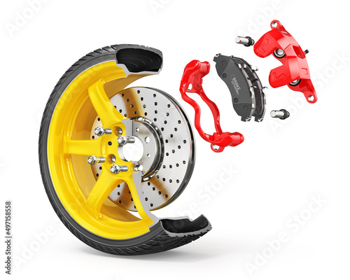 Wheel structure. Car wheel with brake isolated on a white background. 3d illustration