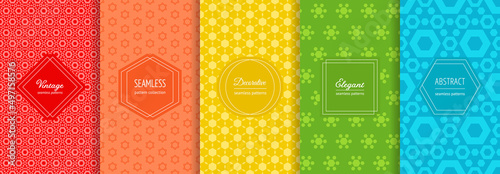 Rainbow vector geometric seamless patterns collection. Set of bright colorful backgrounds with modern minimal labels. Cute abstract floral hexagon textures. Simple art pattern design for babies, kids