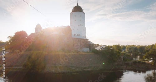 Vyborg, Russia aerial view at medieval saint Olaf castle in the island. City view at sunset in summer 