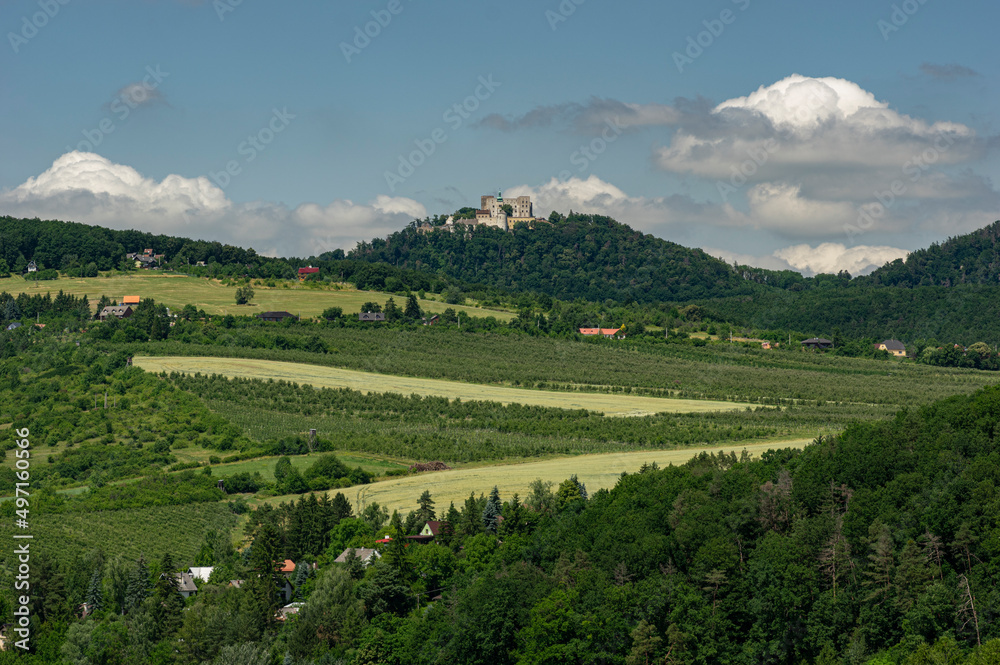 Moravian lanscape view with castle Buchlov in the background. Buchlovice, Czech Republic.