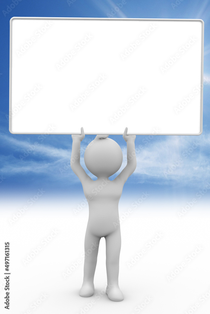 3D Illustration of white character with a billboard, presentation or information 3D Illustration of white character with a billboard, presentation or information