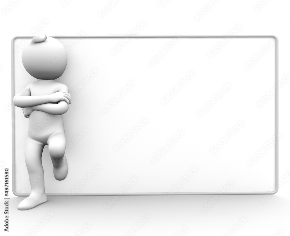 3D Illustration of white character with a billboard, presentation or information 3D Illustration of white character with a billboard, presentation or information