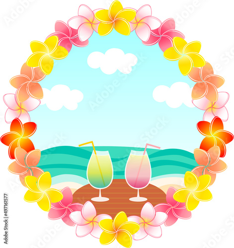 プルメリアの花飾りと、南国のビーチの背景に飲み物とテーブルのリゾート感のあるイラスト