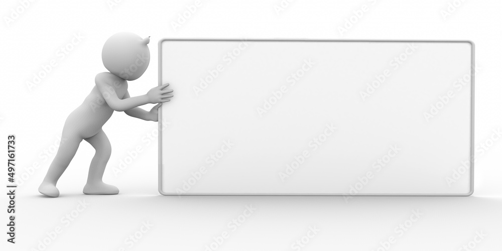 3D Illustration of white character with a billboard, presentation or information 3D Illustration of white character with a billboard, presentation or information