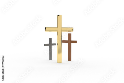 3D Golden Cross with Copy space. Christian backdrop. Biblical faith, gospel, salvation concept.