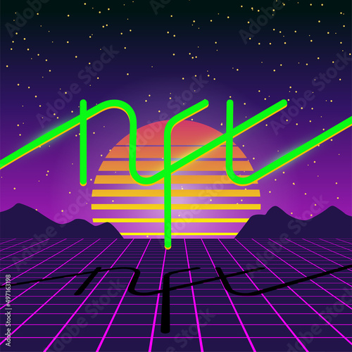 NFT non fungible vaporwave token. Exclusive art banner. Blockchain technology crypto coin. Vintage 80s and 90s style synthwave poster. Retro vapor wave cyberpunk collectibles vector eps illustration