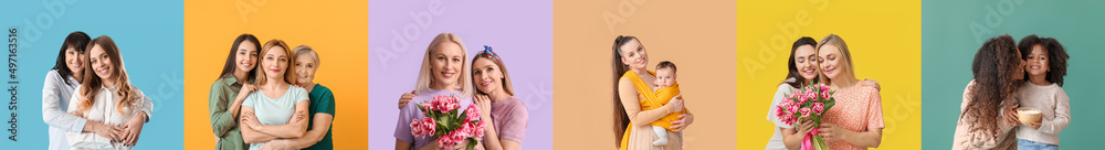 Set of mothers and daughters on colorful background Set of mothers and daughters on colorful background