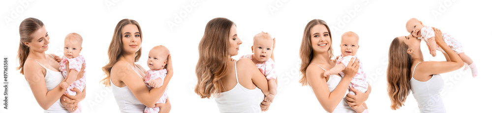 Set of mother with cute baby isolated on white Set of mother with cute baby isolated on white