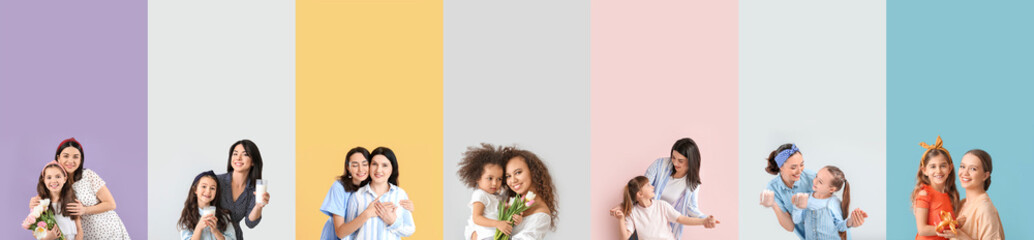 Set of mothers and daughters on colorful background