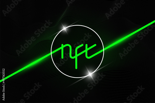 NFT non fungible green token on black linear background. Online money for buy exclusive art poster. Pay for unique collectibles in games banner. Blockchain technology crypto shiny coin illustration