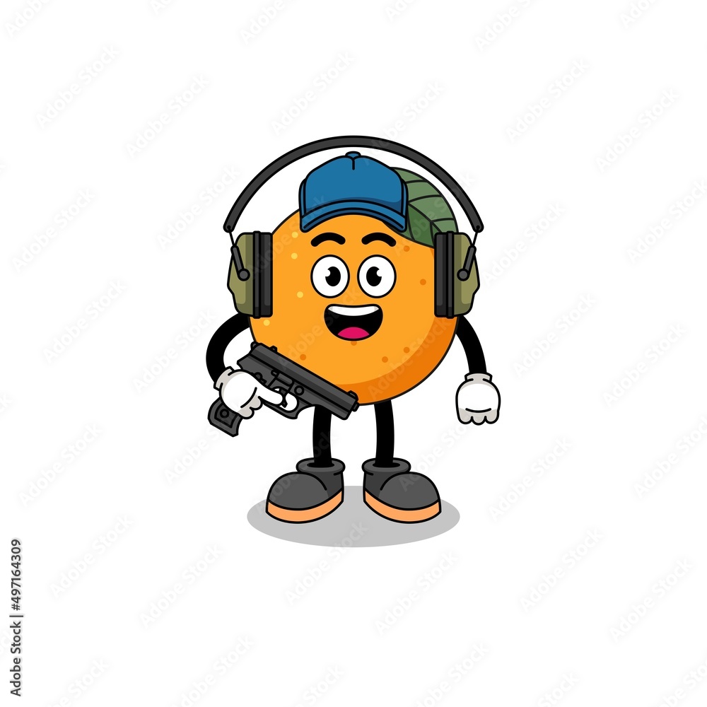 Character mascot of orange fruit doing shooting range Character mascot of orange fruit doing shooting range