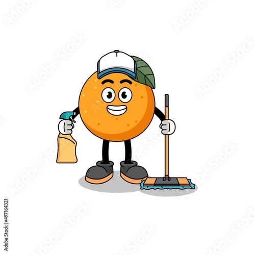 Character mascot of orange fruit as a cleaning services