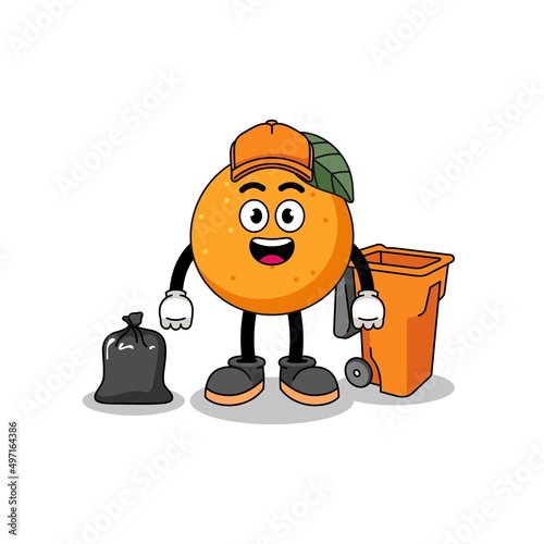 Illustration of orange fruit cartoon as a garbage collector