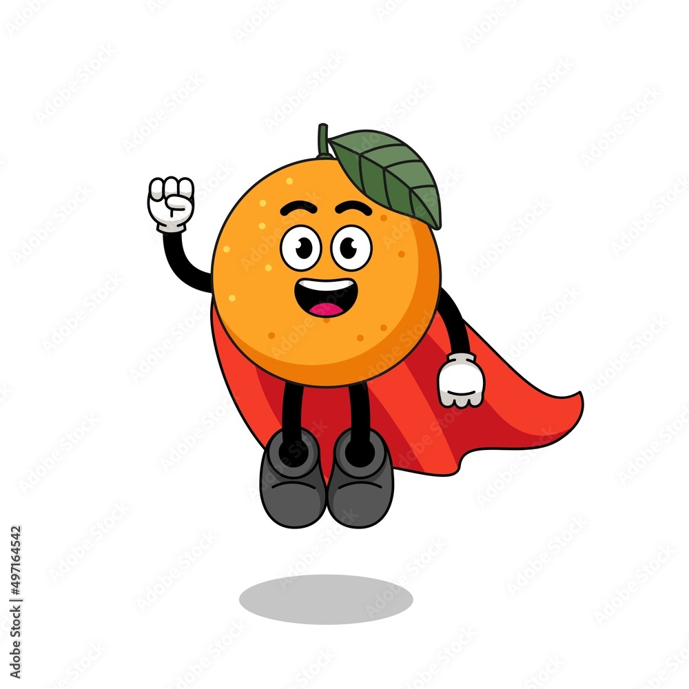 orange fruit cartoon with flying superhero