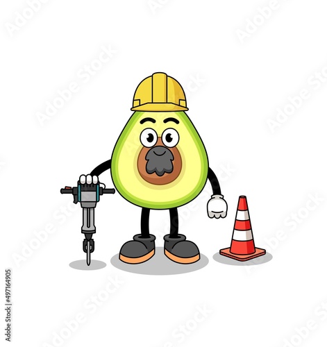 Character cartoon of avocado working on road construction