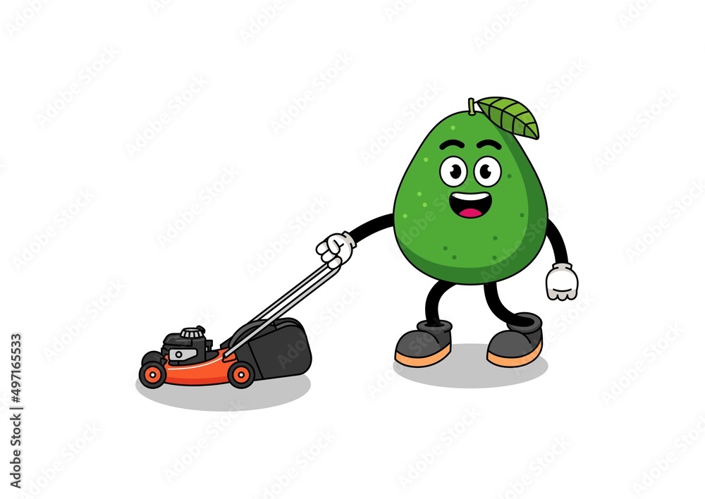 Naklejka premium avocado fruit illustration cartoon holding lawn mower