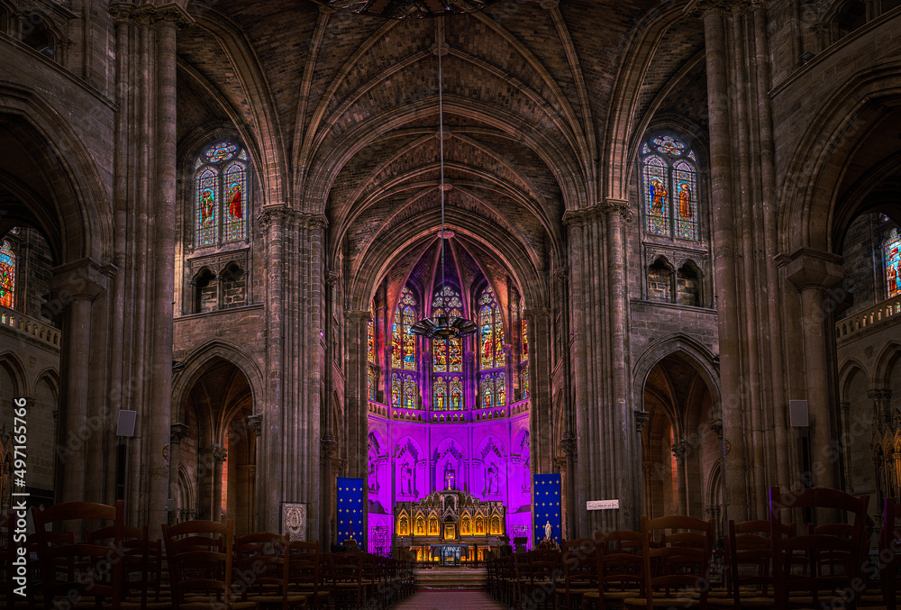 Panoramic interior of a large  neo-gothic church in Bordeaux, France