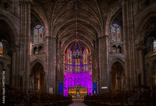 Panoramic interior of a large neo-gothic church in Bordeaux, France