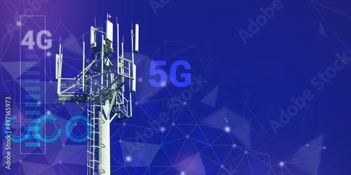 A telecommunications tower with 4G, 5G transmitters, a cellular base station with transmitter antennas on an abstract cyberspace background with icons. 5G network wireless systems