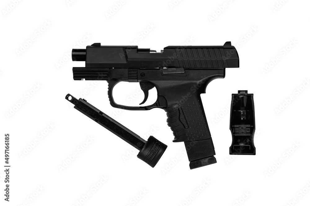 Air gun. Modern pneumatic weapon for air soft, sports and entertainment. A dummy, a copy of a real pistol. Isolate on a white back Air gun. Modern pneumatic weapon for air soft, sports and entertainment. A dummy, a copy of a real pistol. Isolate on a white back