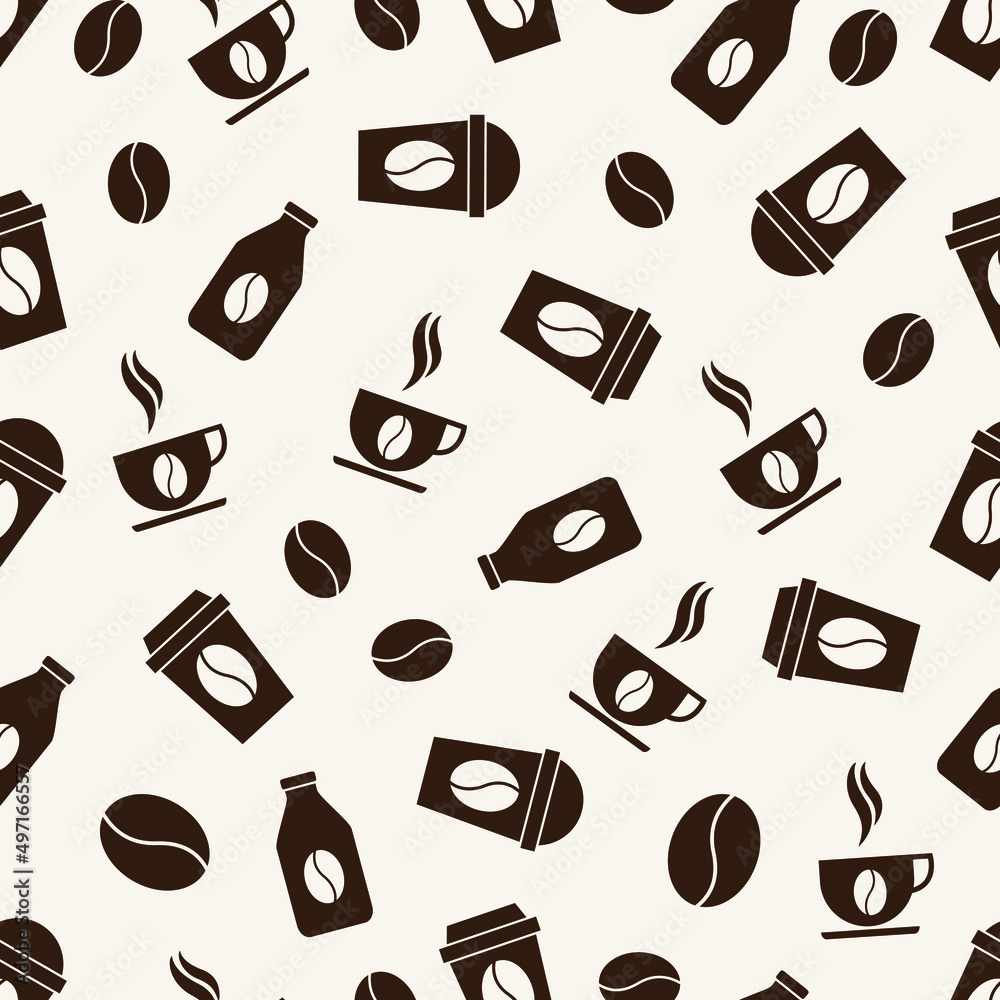 Seamless pattern of coffee beans and coffee bottles for coffee shop backgrounds, cafe decorations, dining venues and culinary events. coffee theme fabric pattern